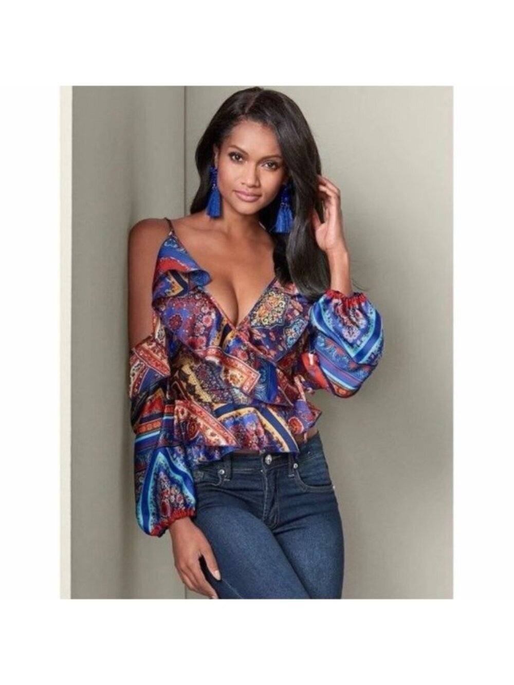 NWOT VENUS Cold Shoulder Wrap Blouse Size 10 Boho Paisley Print Ruffle Peplum